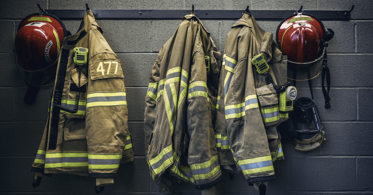 Firefighter gear at the firehouse, regularly exposed to asbsetos on the job