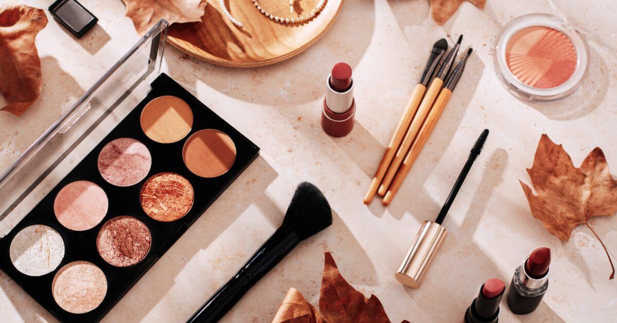 makeup concept with beauty products on table