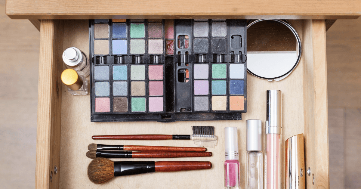 Makeup set in open drawer