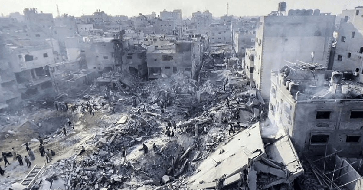 Aerial view of destroyed buildings in Gaza after Israeli airstrikes