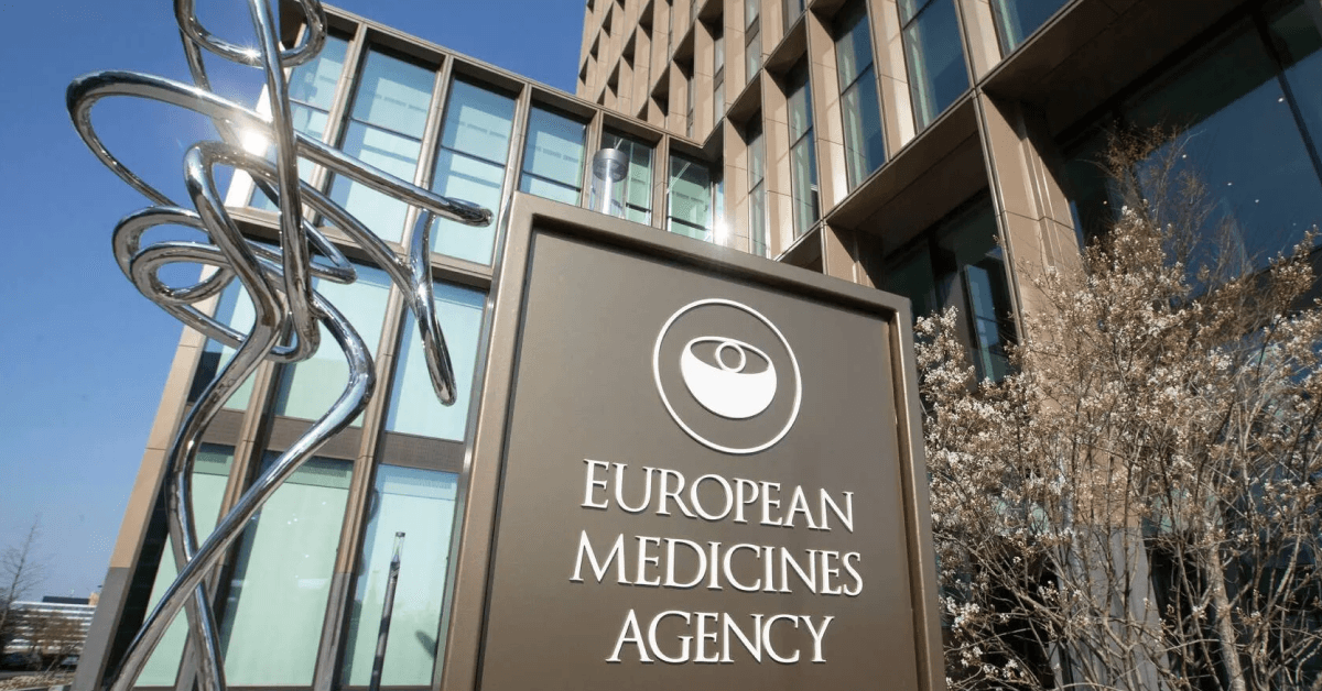 European Medicines Agency building with its logo prominently displayed on a sign outside the facility.