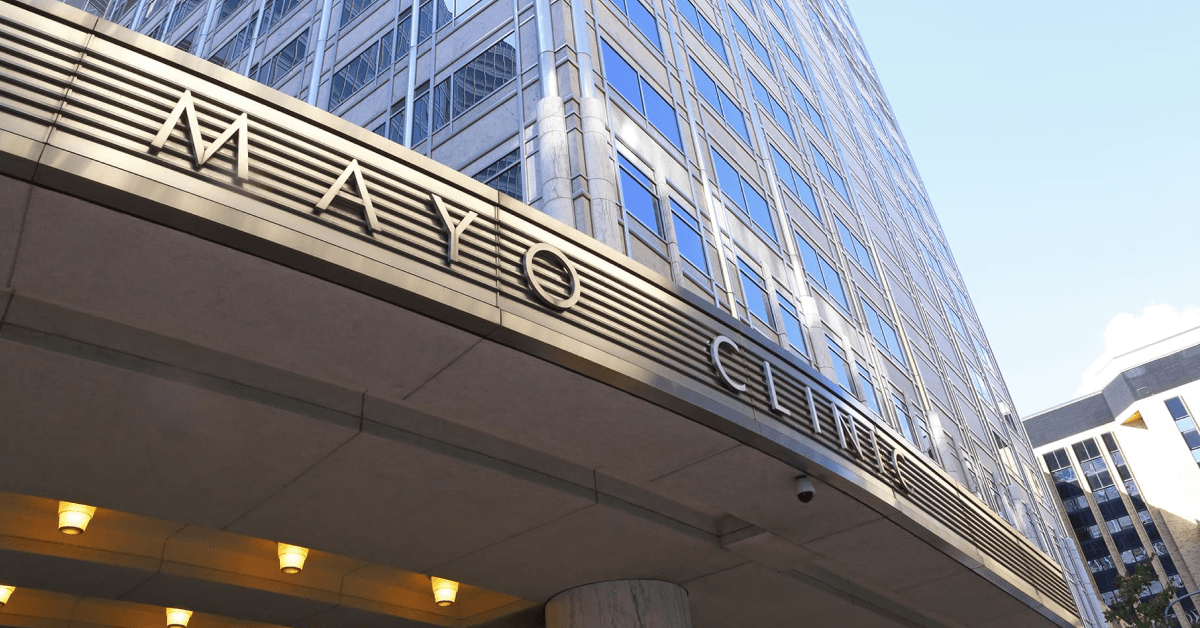 "Mayo Clinic building in downtown Rochester, showcasing its prominent architecture."